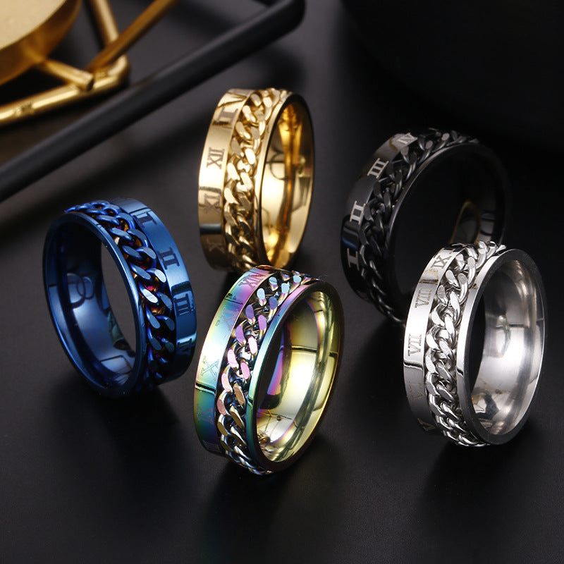 Planderful Everyday Genie Titanium Steel Ring Rotatable Chain Decompression Unisex Roman Numerals Jewelry Size 7 13