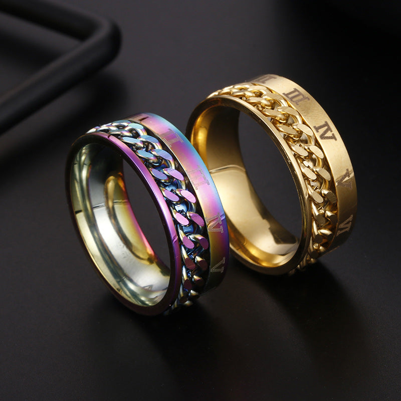 Planderful Everyday Genie Titanium Steel Ring Rotatable Chain Decompression Unisex Roman Numerals Jewelry Size 7 13