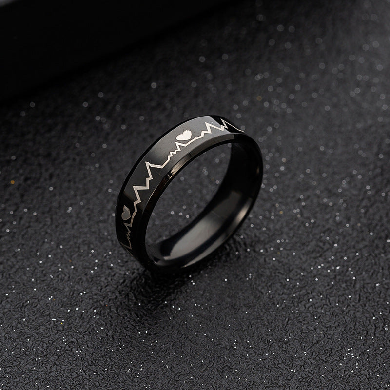 Heartbeat Electrocardiogram Black Stainless Steel Ring - Men's Wholesale Jewelry