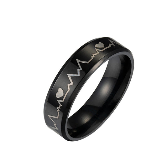 Heartbeat Electrocardiogram Black Stainless Steel Ring - Men's Wholesale Jewelry