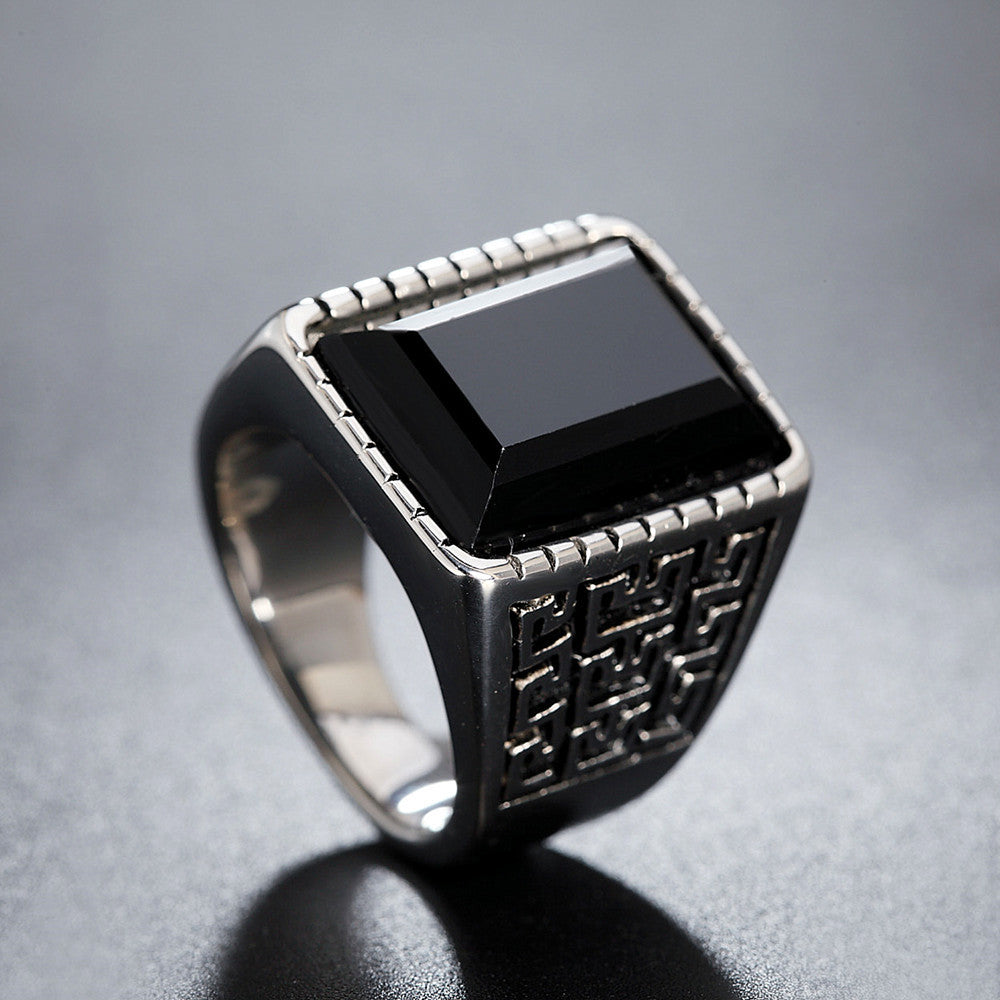 Planderful Mens Titanium Ring Unisex Domineering Great Wall Pattern Zircon Durable