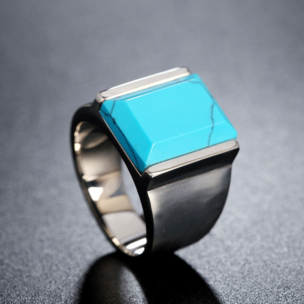 Planderful Titanium Steel Turquoise Ring For Men Unisex European American Statement Bold Protection Jewelry