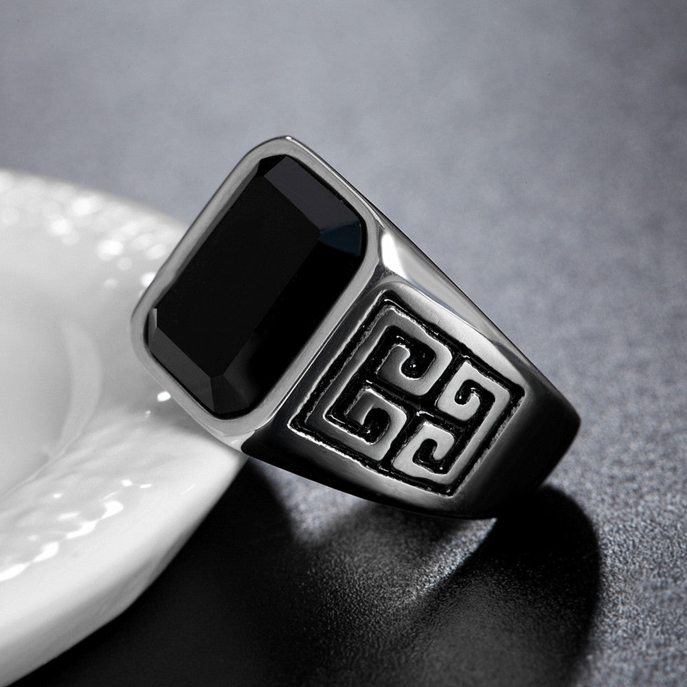 Agate Gemstone Ring For Men Unisex Durable Titanium Steel Great Wall Pattern Planderful