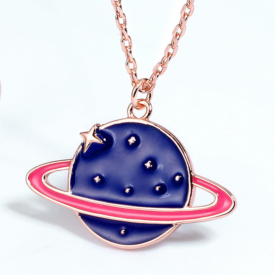 Enamel Blue Planet Pendant Sterling Silver Necklace