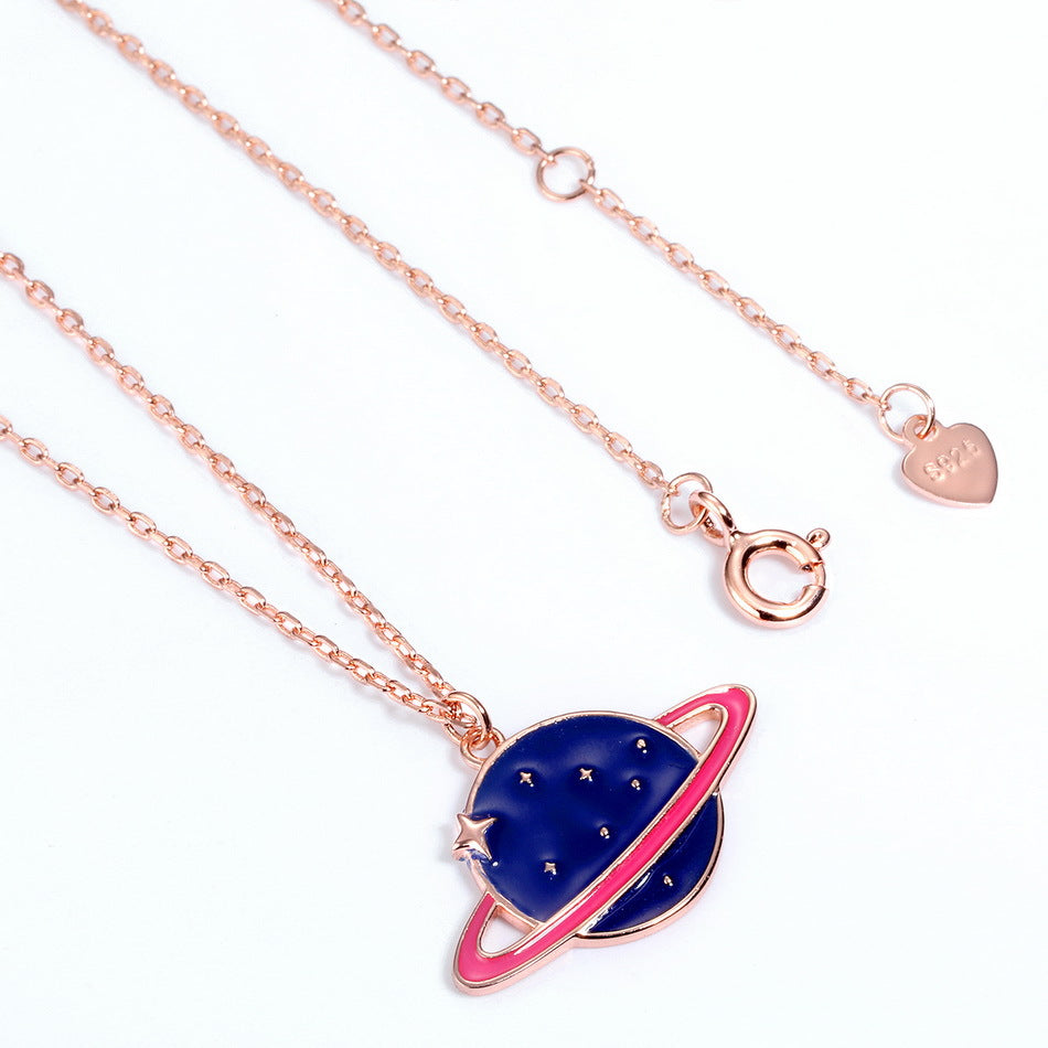 Enamel Blue Planet Pendant Sterling Silver Necklace