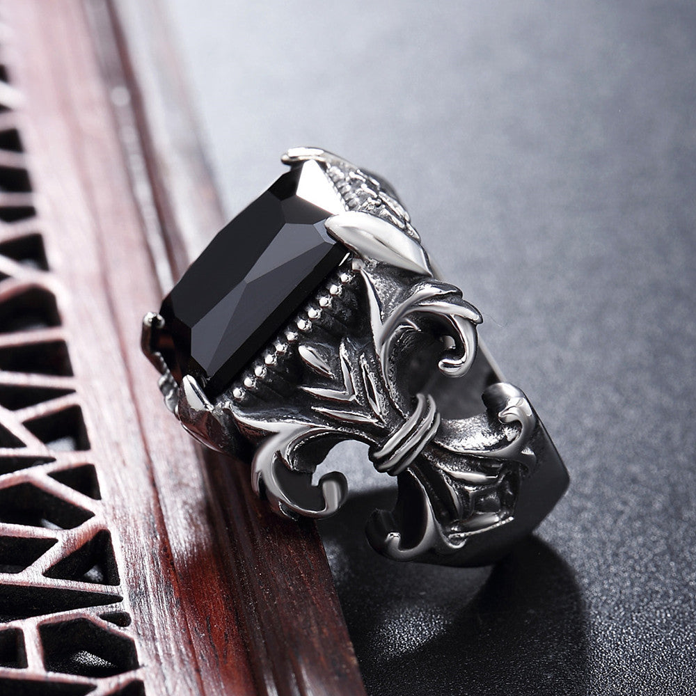 Punk Rectangle Zircon Childern Flower Titanium Steel Ring for Men