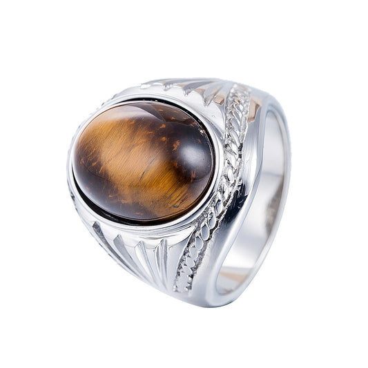 Tigers Eye Oval Ring Titanium Steel For Men And Unisex Minimalist Style Protection Statement Planderful