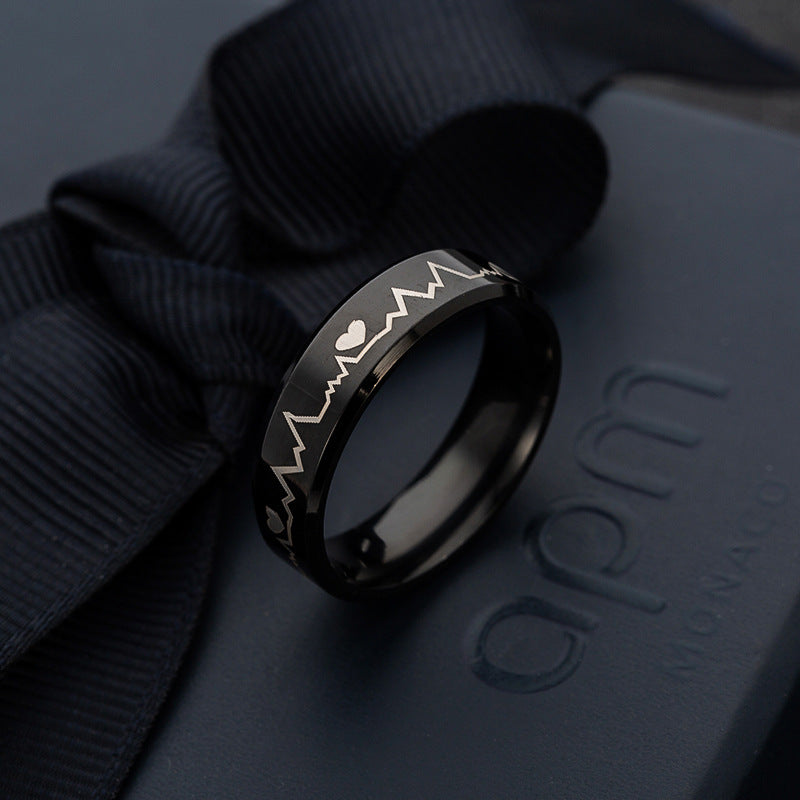 Heartbeat Electrocardiogram Black Stainless Steel Ring - Men's Wholesale Jewelry