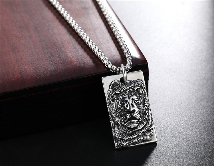 Planderful Titanium Steel Pendant Necklace For Men And Unisex Retro Lion Square Design Everyday Genie