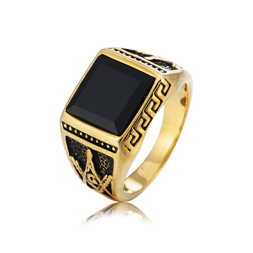 Planderful Freemasonry Titanium Steel Ring For Men Unisex Retro Black Stone Protection Statement