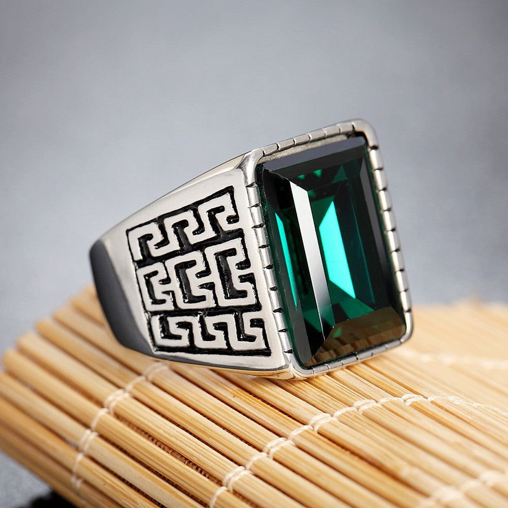 Planderful Mens Titanium Ring Unisex Domineering Great Wall Pattern Zircon Durable
