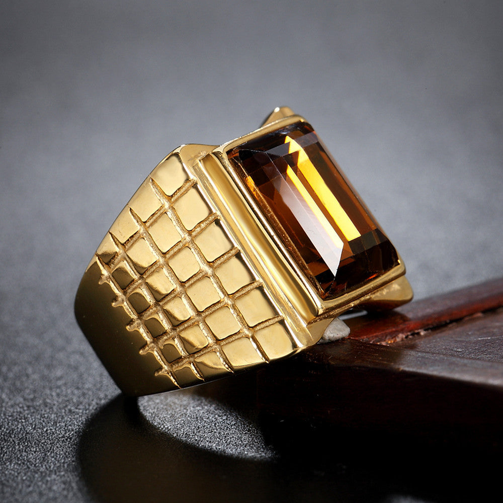 Gold Plated Zircon Ring Statement Unisex Titanium Steel Durable Retro Style Planderful Everyday Genie For Men Women