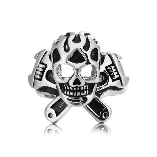 Halloween Motorcycle Wrench Skull Titanium Steel Ring for Men