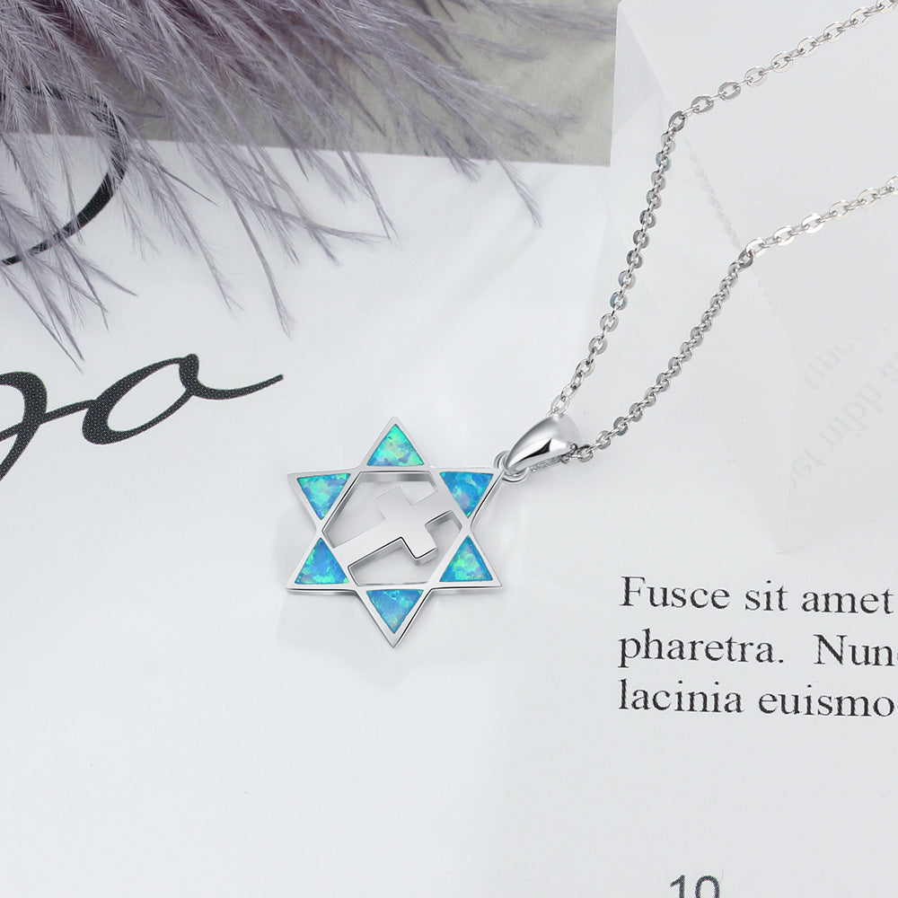 Blue Opal Hexagonal Star Cross Sterling Silver Necklace