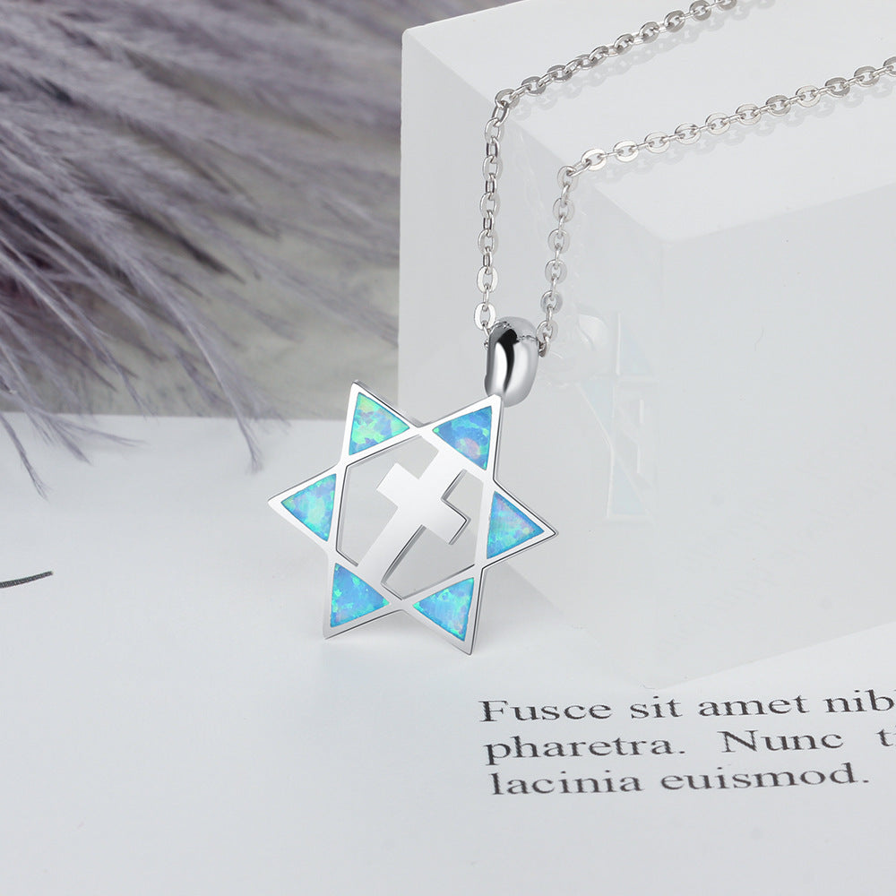 Blue Opal Hexagonal Star Cross Sterling Silver Necklace