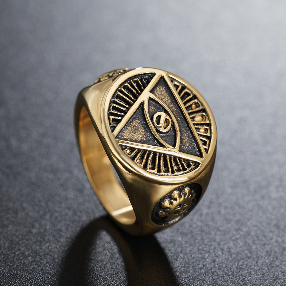 Freemasonry Triangle Eye Ring Unisex Titanium Steel Protection Symbol Planderful For Men And Women