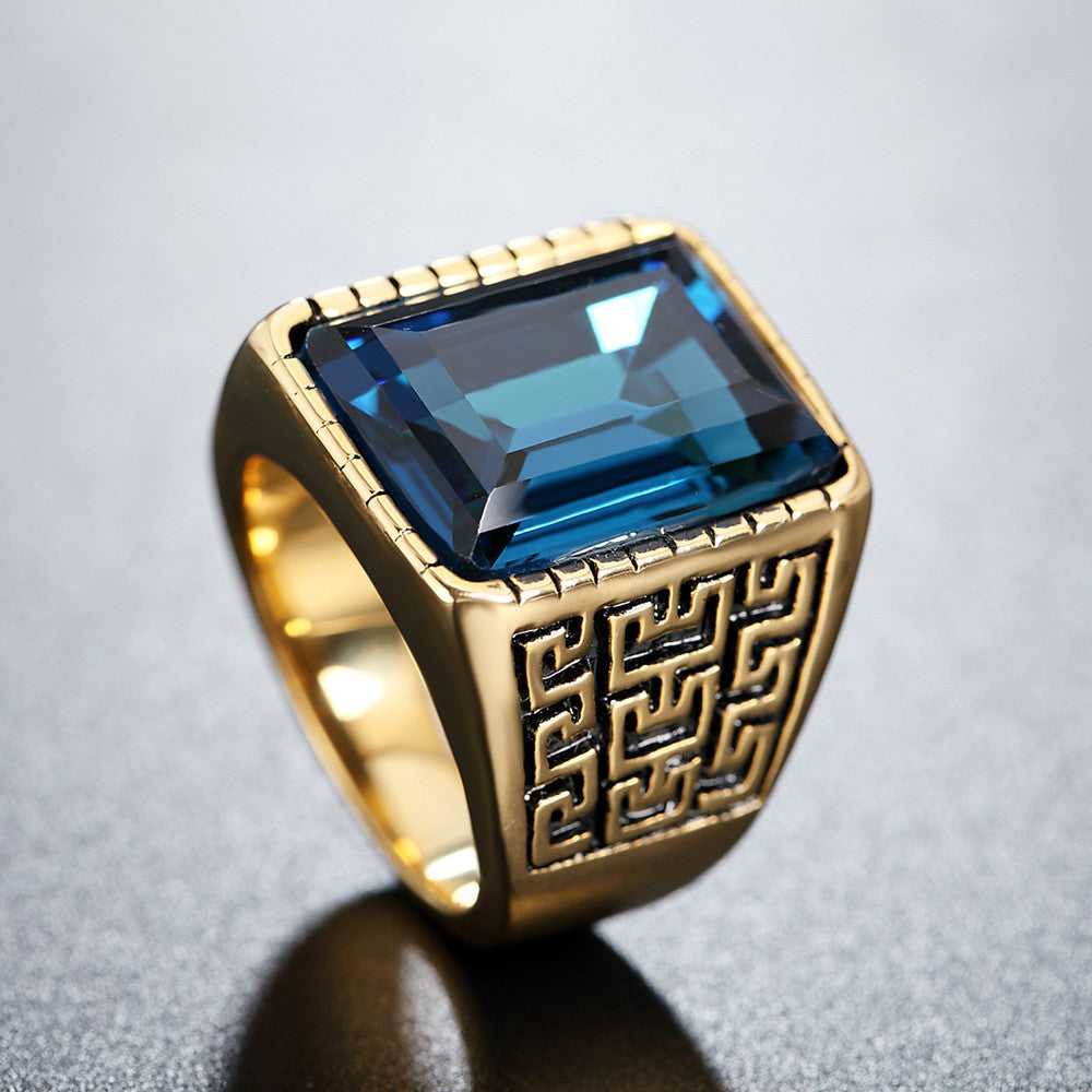Planderful Titanium Steel Ring With Zircon Great Wall Pattern For Men Unisex Protection Statement Jewelry