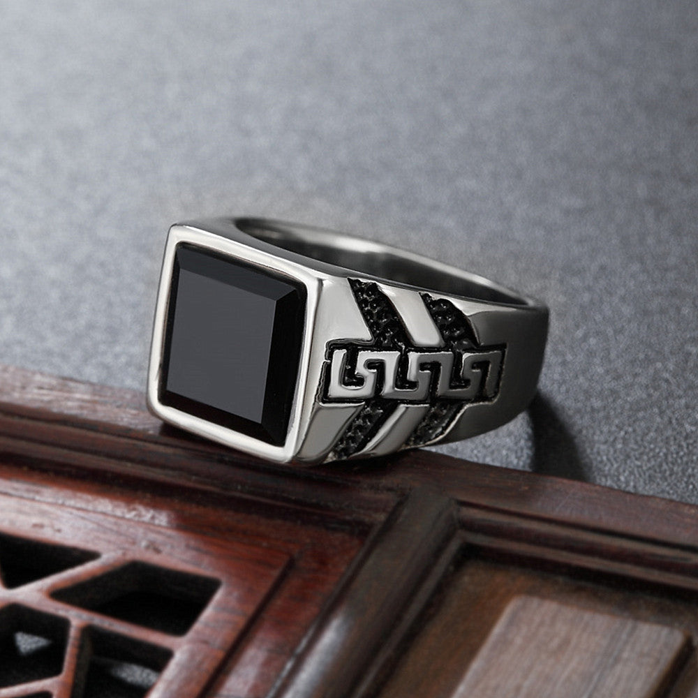 Titanium Steel Ring With Great Wall Pattern Black Stone For Men Unisex Protection Statement By Planderful Everyday Genie