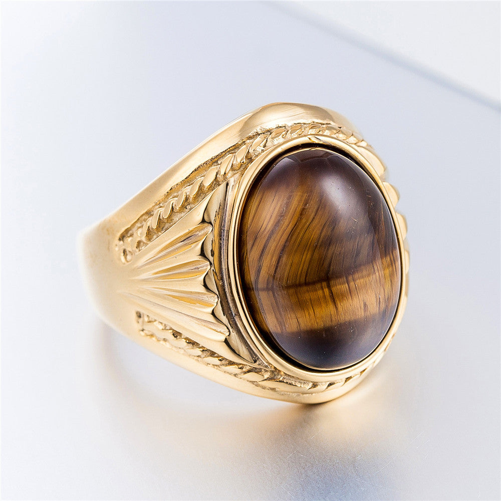 Tigers Eye Oval Ring Titanium Steel For Men And Unisex Minimalist Style Protection Statement Planderful