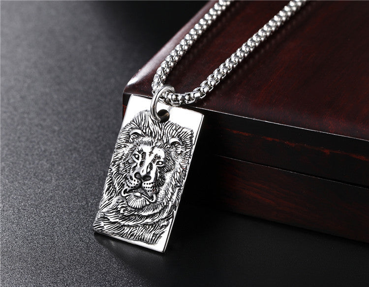 Planderful Titanium Steel Pendant Necklace For Men And Unisex Retro Lion Square Design Everyday Genie