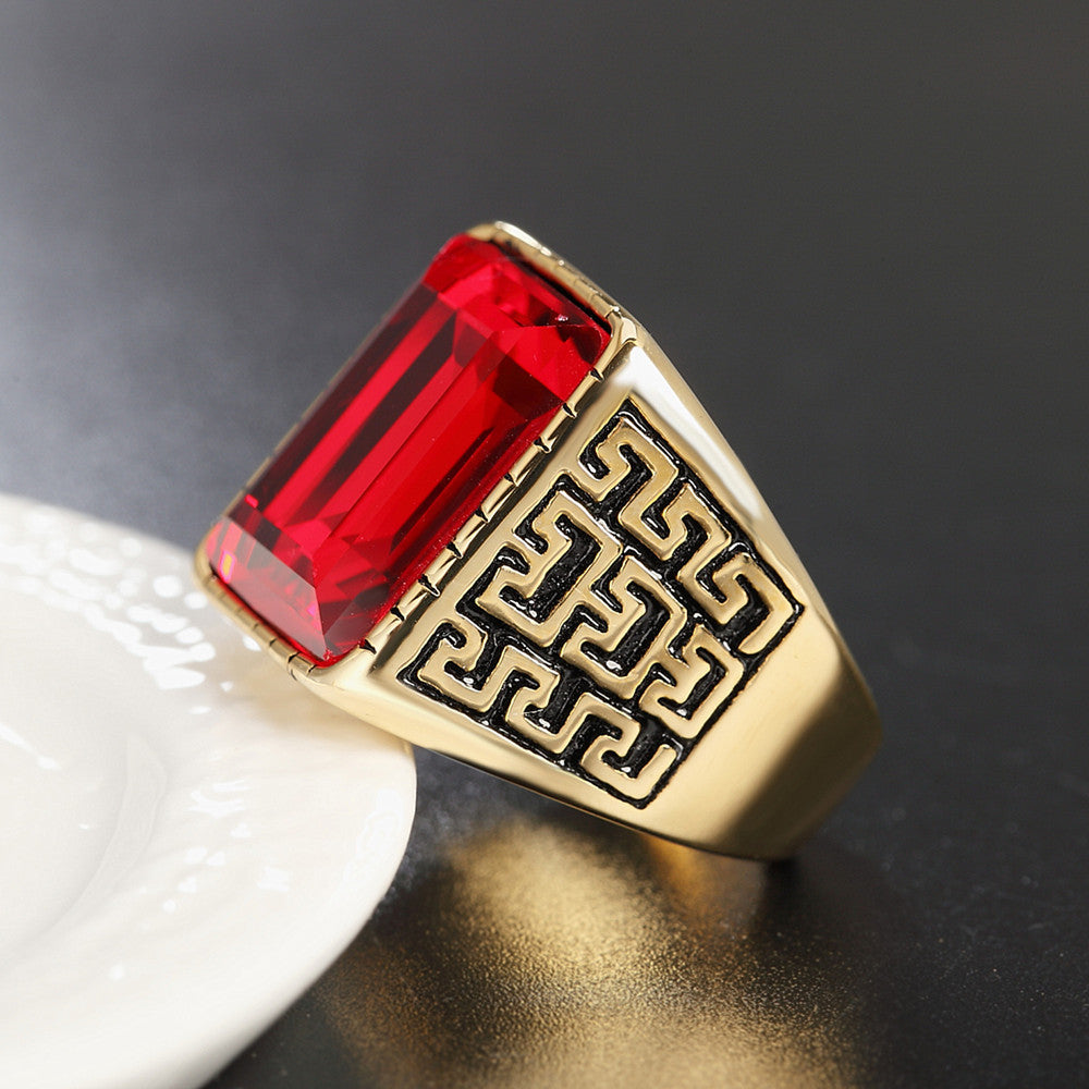 Planderful Titanium Steel Ring With Zircon Great Wall Pattern For Men Unisex Protection Statement Jewelry