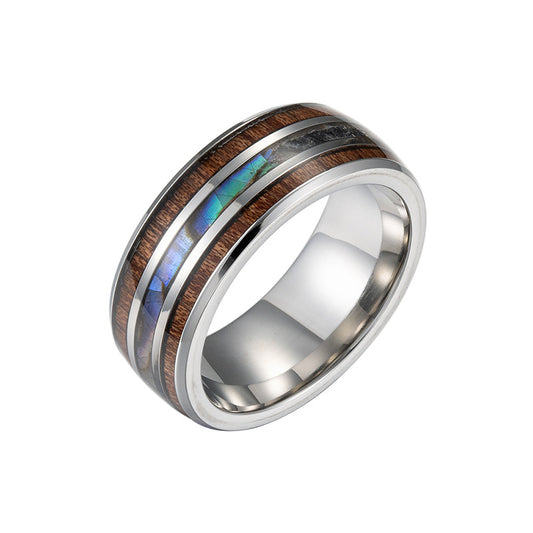 European Style Men's Titanium Steel Ring with Acacia Wood Grain and Abalone Shell