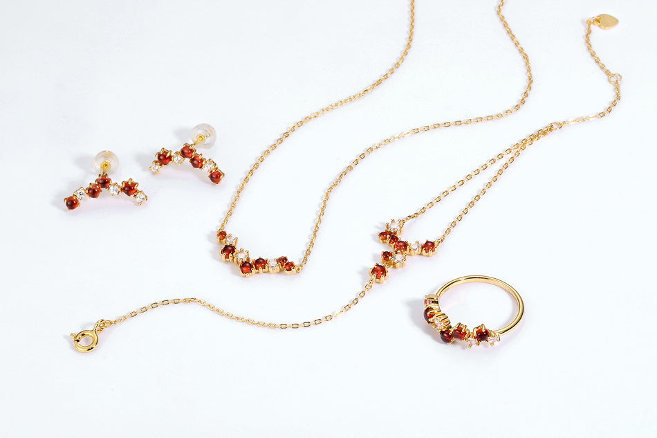 Irregular Row of Natural Red Garnet Zircon sterling Silver Necklace