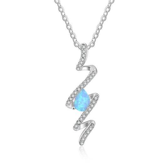 Pear Shape Blue Opal Zircon Wavy Sterling Silver Necklace
