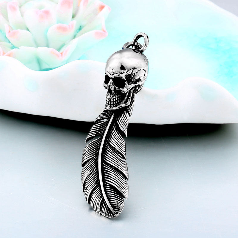 Trendy Titanium Steel Punk Skull Pendant with Big Feather for Men and Women