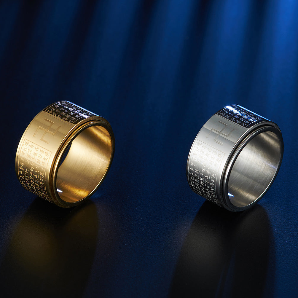 Chinese Style Prajna Paramita Rotatable Titanium Steel Ring for Men