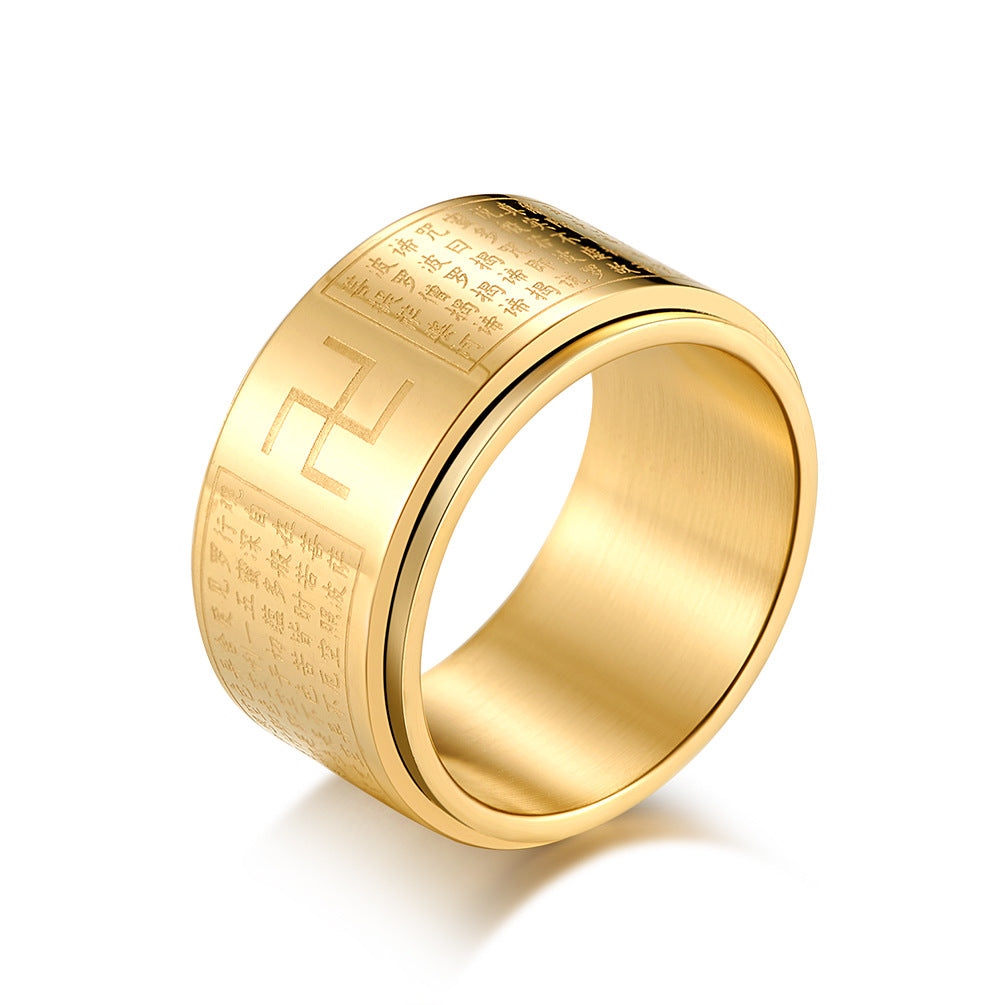 Chinese Style Prajna Paramita Rotatable Titanium Steel Ring for Men