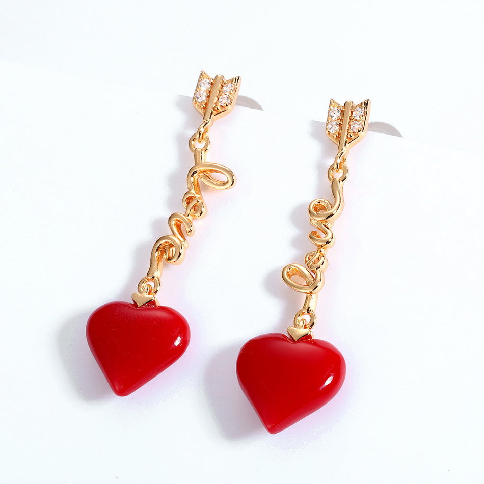 Red Heart Pendant LOVE Tassel Zircon Sterling Silver Drop Earrings