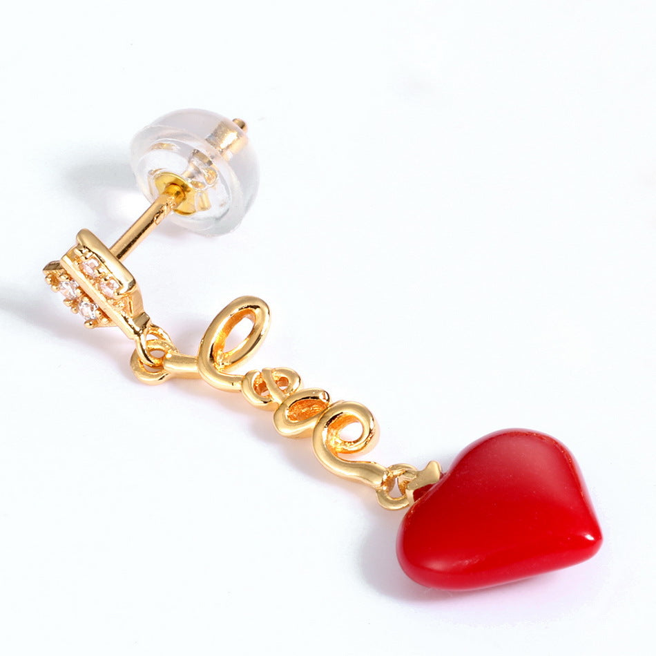 Red Heart Pendant LOVE Tassel Zircon Sterling Silver Drop Earrings