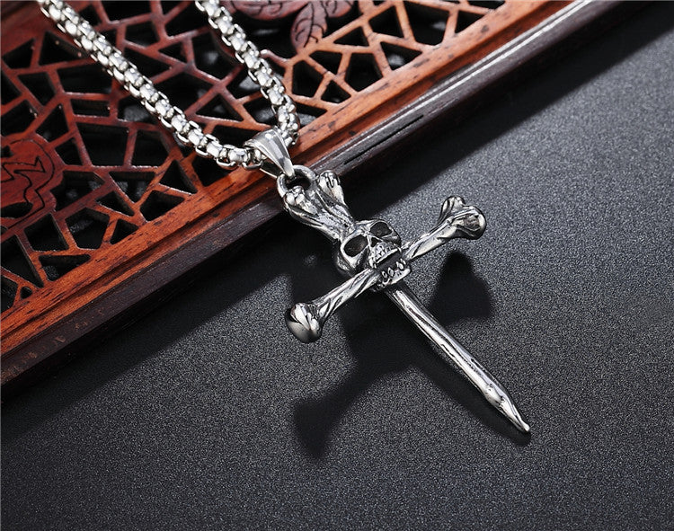 Bone Cross Skull Titanium Steel Pendant Necklace