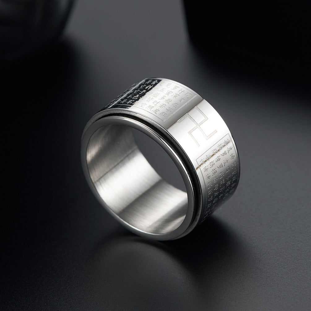 Chinese Style Prajna Paramita Rotatable Titanium Steel Ring for Men