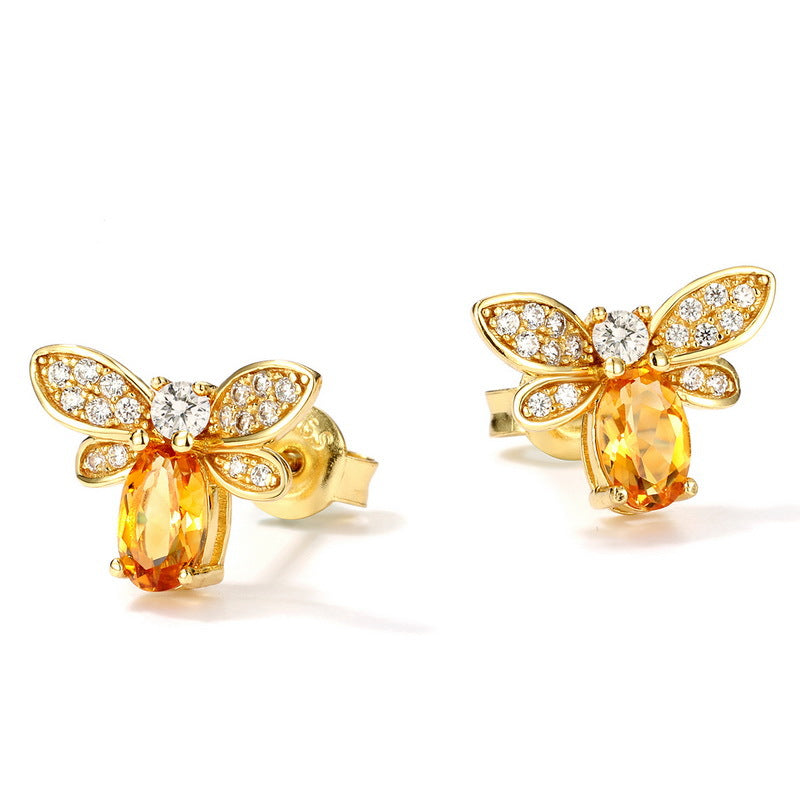 Oval Natural Yellow Crystal Little Bee Sterling Silver Stud Earrings