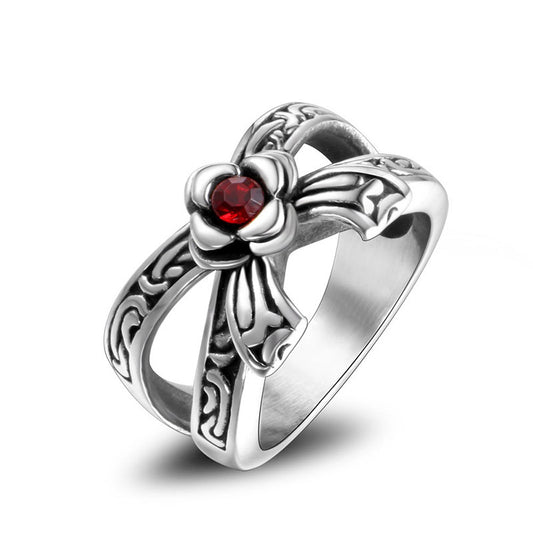 Vintage Titanium Steel Men's Ring with Zircon-Set Rose and Bow Design