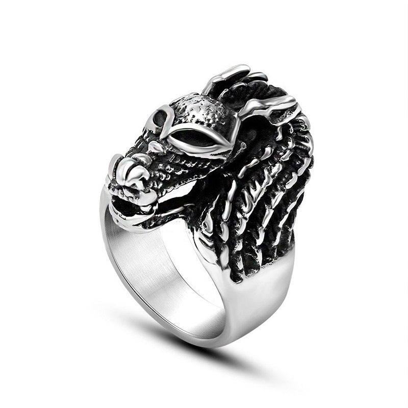 Chinese Style Retro Dragon Head Ring Titanium Steel Unisex