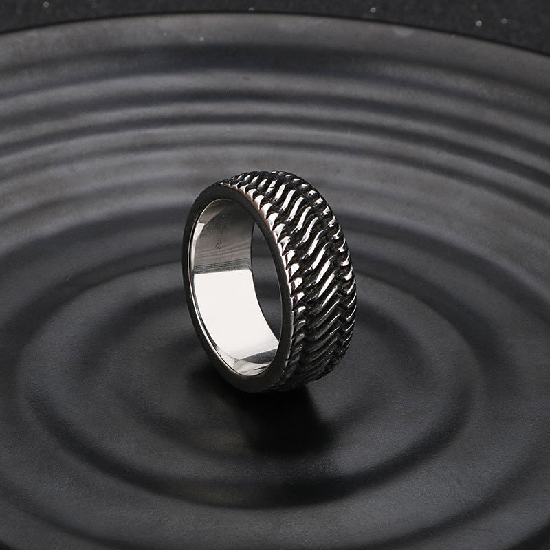 Custom Retro-Inspired Titanium Steel Wheel Pattern Ring for Men - Silver and Black Stainless Steel Locomotive Design