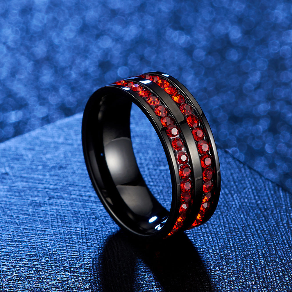 Stainless Steel Double-Row Diamond Red Diamond Blue Diamond Ring – Circumference