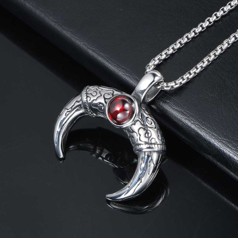 Mayan Horn Pendant Necklace for Men with Red Stone and Titanium Steel Design