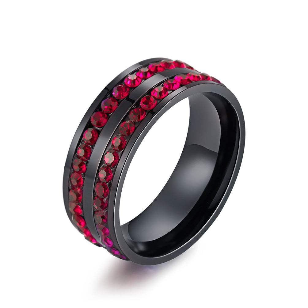 Stainless Steel Double-Row Diamond Red Diamond Blue Diamond Ring – Circumference