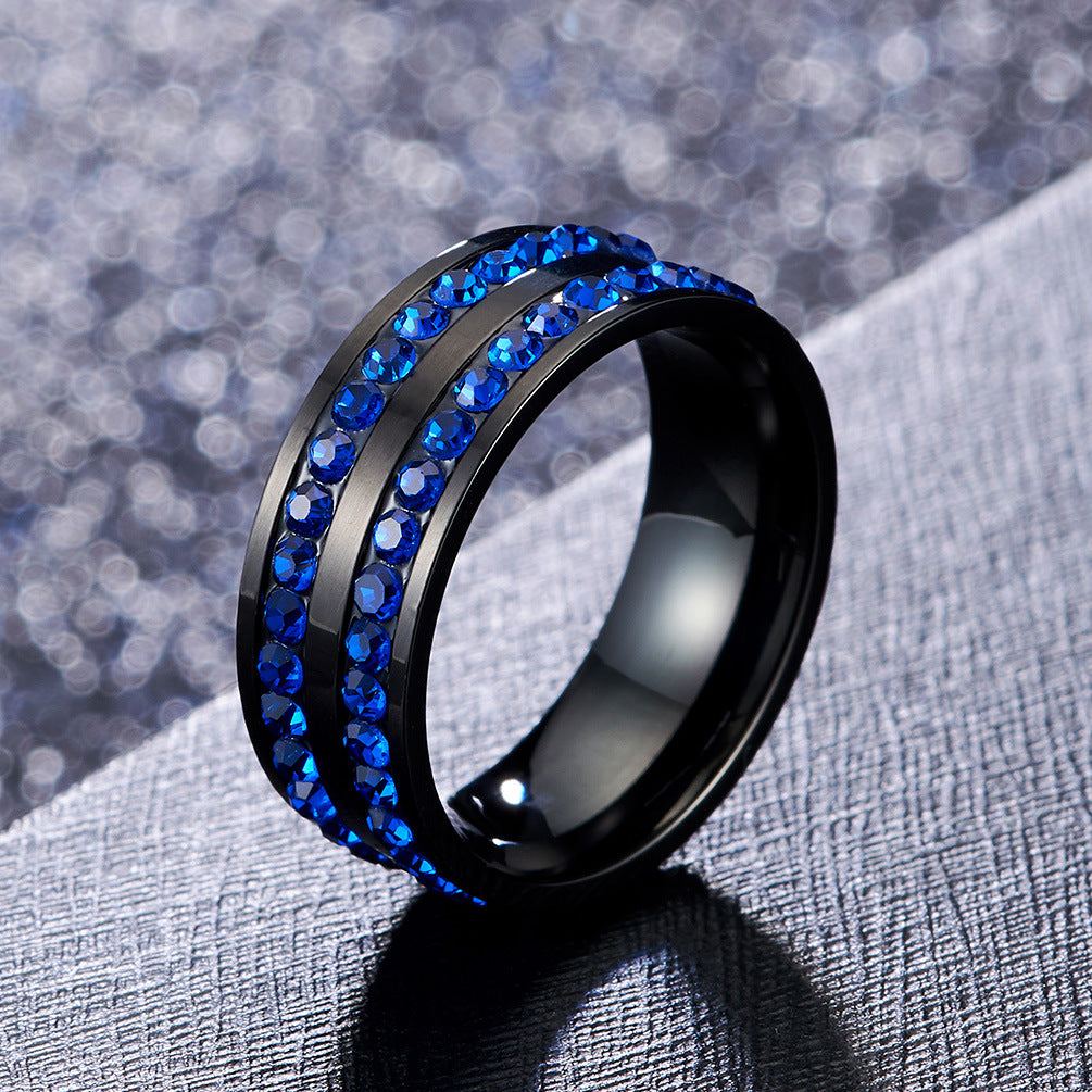 Stainless Steel Double-Row Diamond Red Diamond Blue Diamond Ring – Circumference