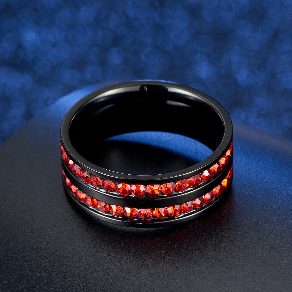 Stainless Steel Double-Row Diamond Red Diamond Blue Diamond Ring – Circumference
