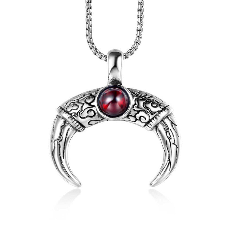 Mayan Horn Pendant Necklace for Men with Red Stone and Titanium Steel Design