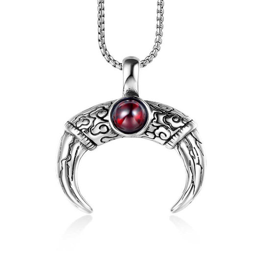 Mayan Horn Pendant Necklace for Men with Red Stone and Titanium Steel Design