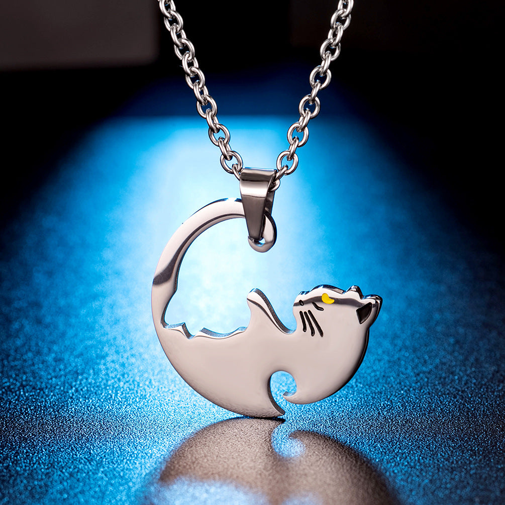 Japanese And Korean Style Titanium Steel Cat Couple Pendant