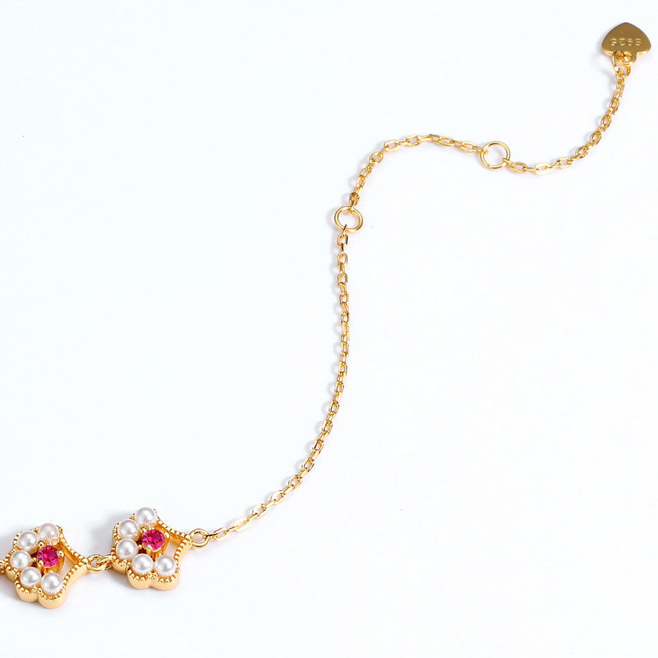 Red Corundum Pearl Ginkgo Leaf Sterling Silver Bracelet