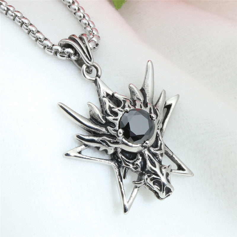Titanium Steel Dragon Pendant Necklace with Multi-Color Zircon for Men - Stainless Steel Crystal Design