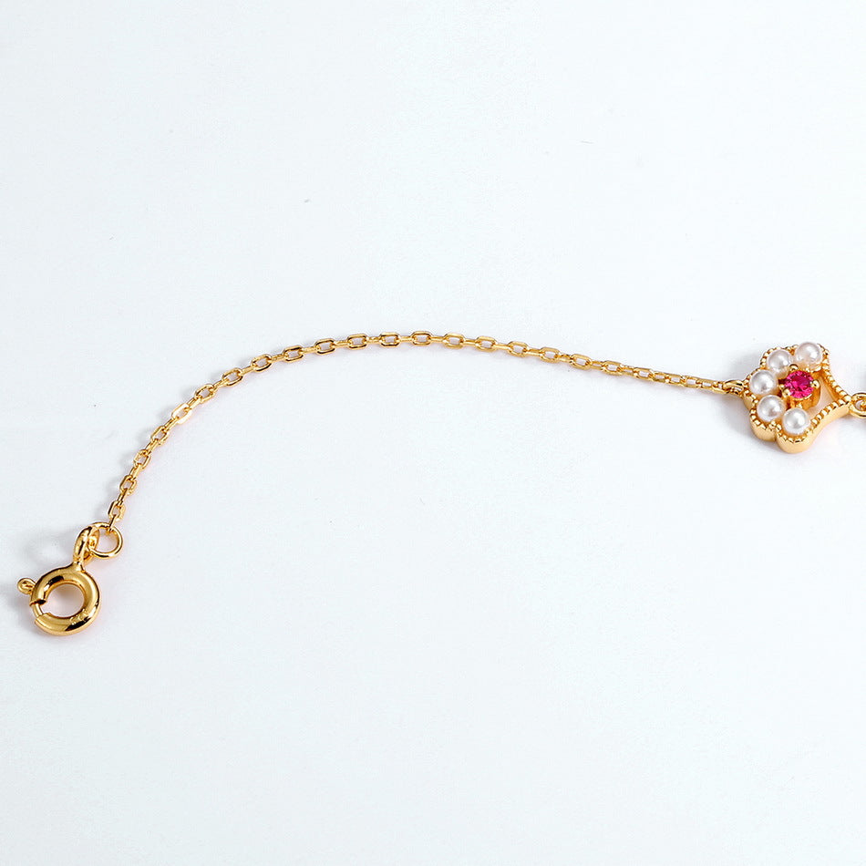 Red Corundum Pearl Ginkgo Leaf Sterling Silver Bracelet